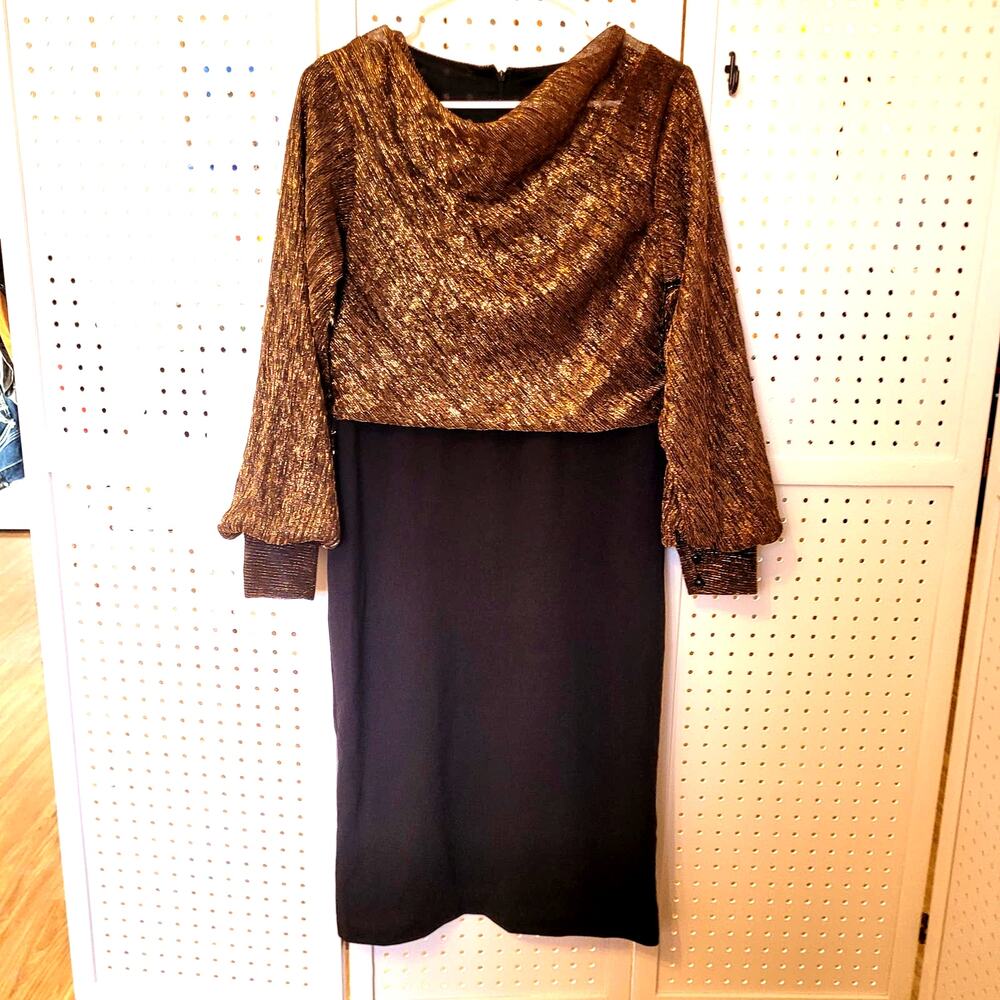 Vintage Shelby Nites Metallic Gold & Black Dress Sz 8 80s 90s Retro Evening Midi